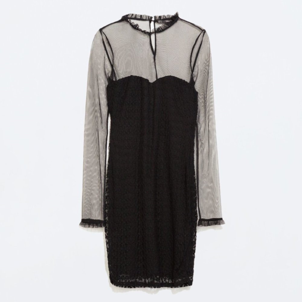 NEW ZARA Embroidered black mesh sheath dress